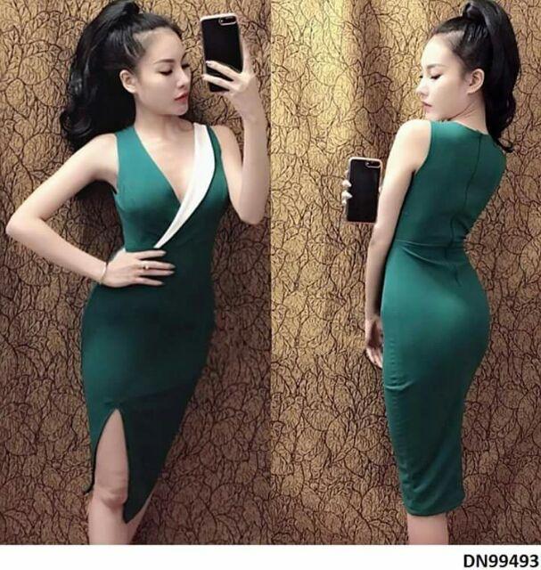 Đầm body phối màu đắp chéo