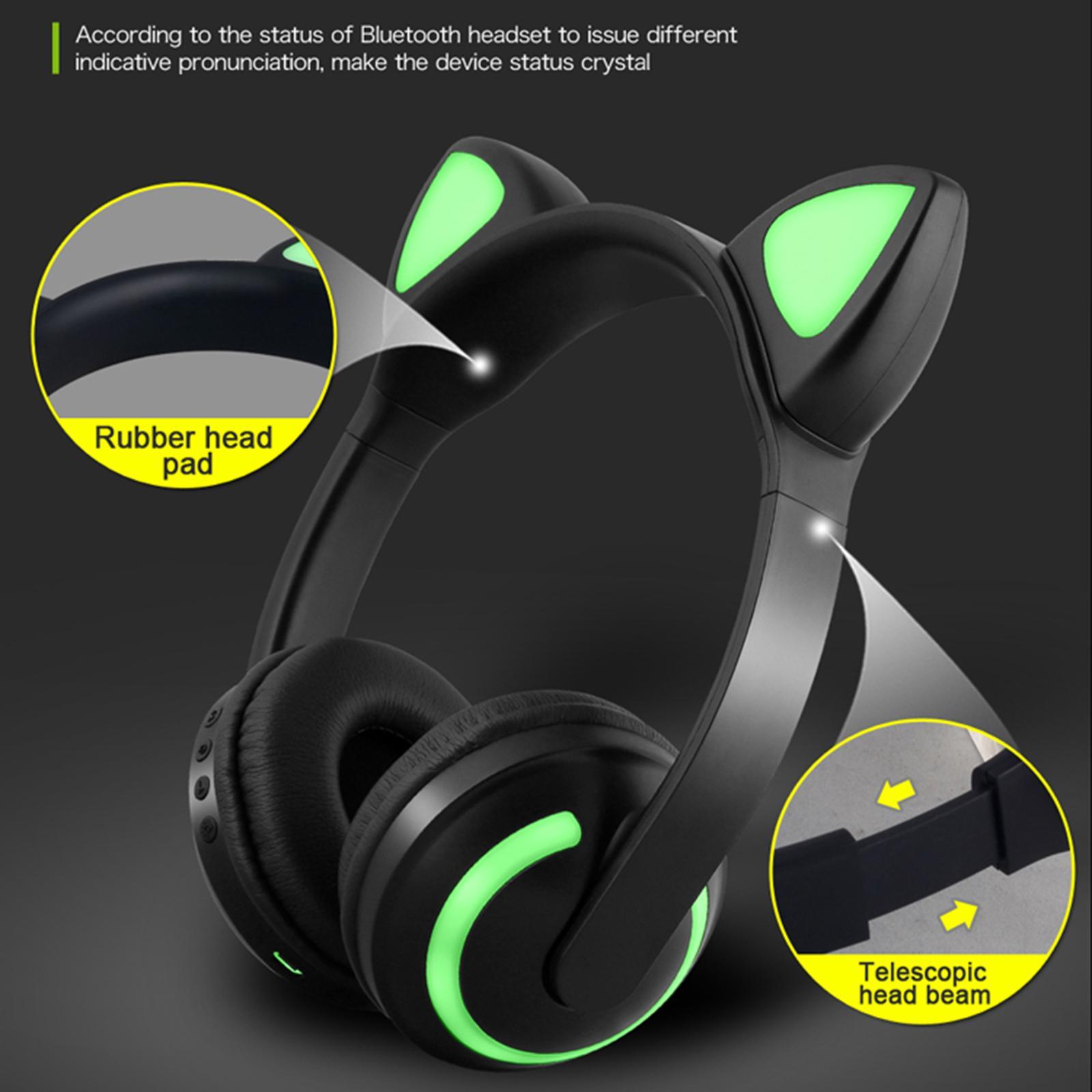 Kids Glowing Cute Cat Ear Wireless Headphones On-Ear Gamer Headsets Black