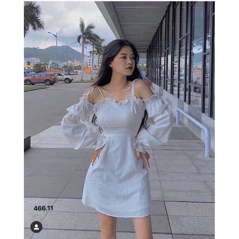 Đầm xòe hai dây buộc nơ vai tay dài dễ thương