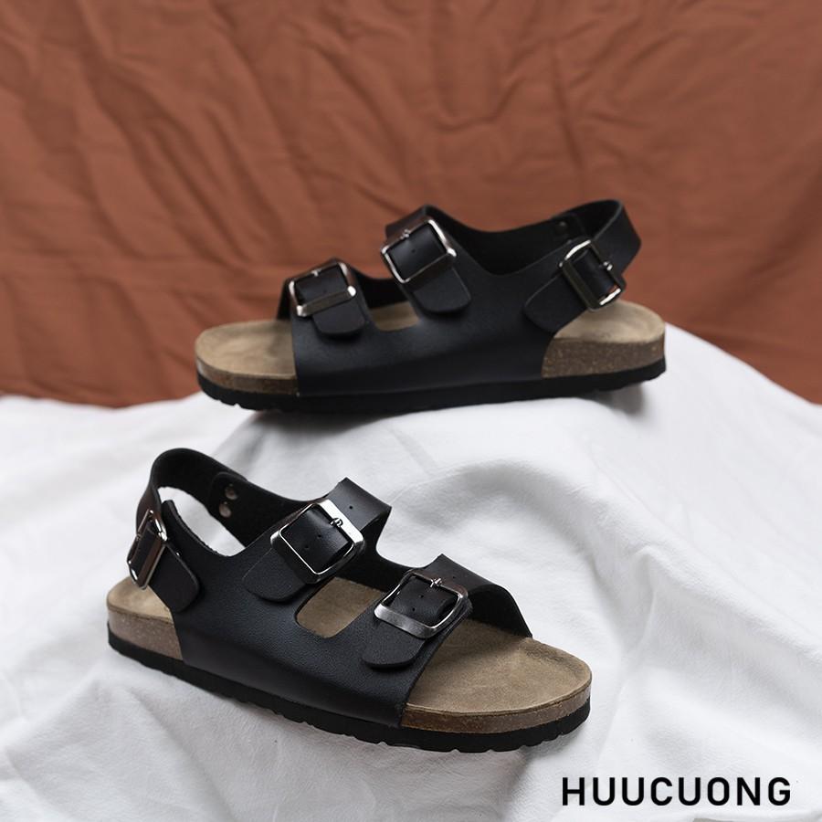 Giày Sandal Unisex HuuCuong 2 khóa đen đế trấu handmade