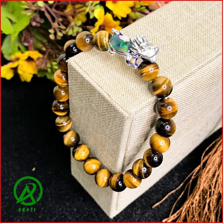 Vòng Tay Phòng Thủy Mệnh Kim-thổ - Vòng Tay Nam Nữ Đá Mắt Hổ Vàng Mix Long Quy Bạc Đổi Màu 8mm V385-8