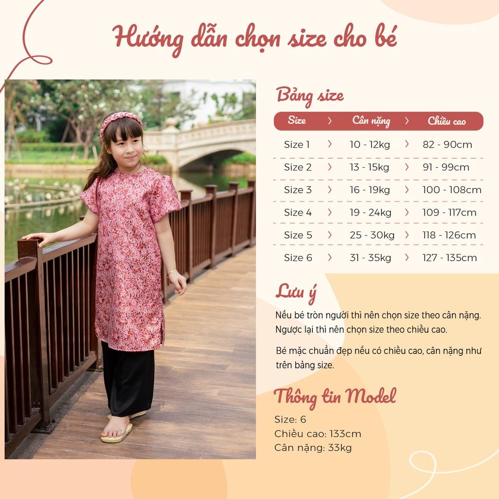 Áo dài bé gái BYZU thiết kế cách tân cổ tròn tay bồng, chất vải gấm cao cấp hoa nhí