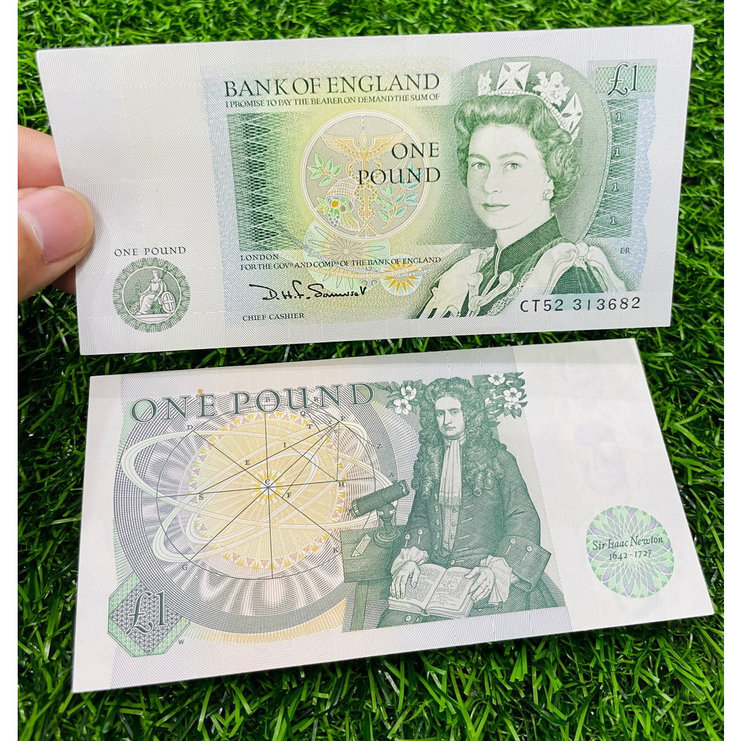 Tiền Bảng Anh 1 Pound ngày xưa 1971, chân dung Nữ Hoàng Elizabeth II khi trẻ và nhà bác học Isaac Newton, tặng túi nilon bảo quản The Merrick Mint