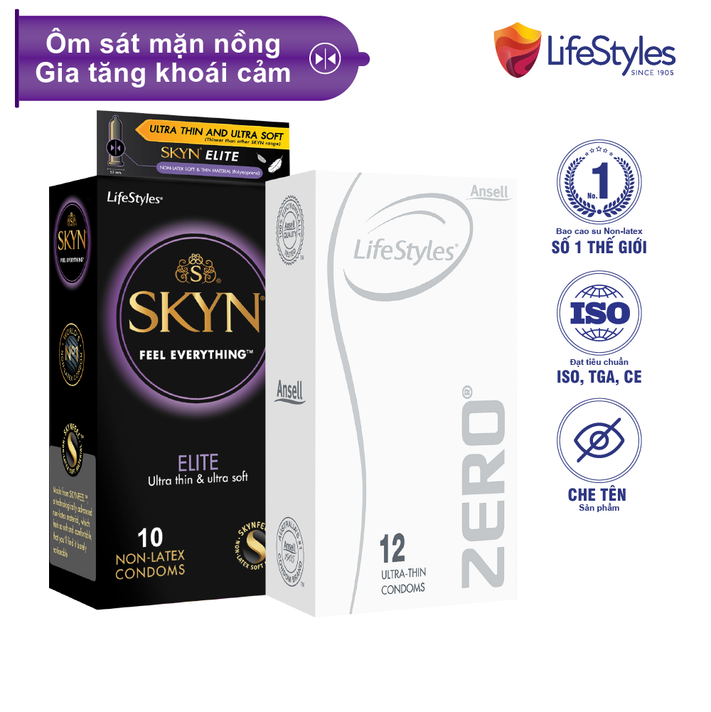 Combo Mỏng Chạm Đỉnh - Bao cao su LifeStyles Zero 12 bao + 1 Bao cao su Lifestyles Skyn Elite Nonlatex 10 bao