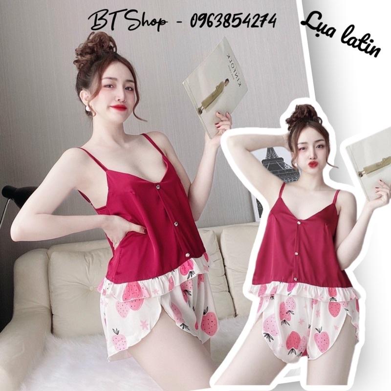 Đồ ngủ mặc nhà lụa latin hoạ tiết quần đùi freesize 42-57kg