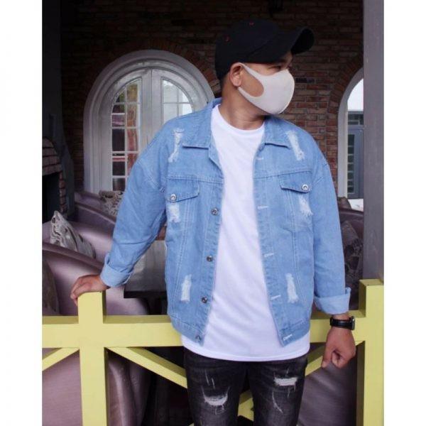 Áo khoác nam jean đẹp màu xanh form rộng phối xước wash hàng đẹp rất hot-A3102 - Như hình