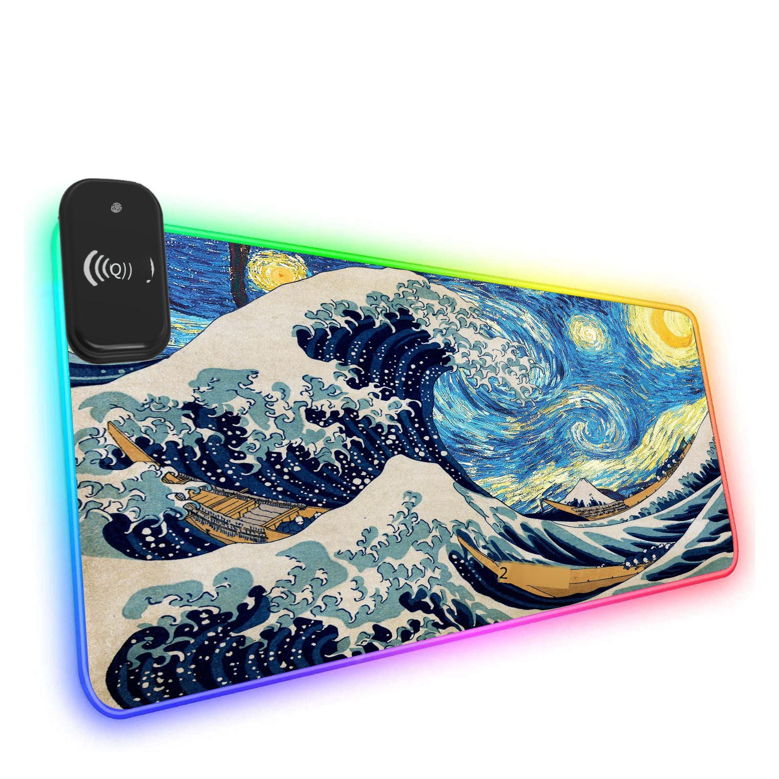 Giá đặc biệt Core Wing Rich Van Gogh Hình minh họa cổ điển Tấm lót chuột sạc không dây RGB Đêm trăng đầy sao Tấm lót chuột cạnh khóa siêu lớn