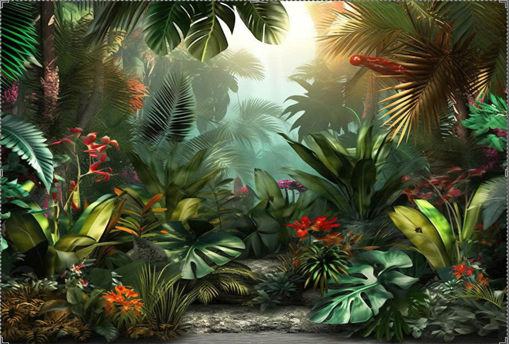 (HCM) Tranh dán tường 3d rừng lá nhiệt đới tropical có sẵn keo( có in theo kích thước yêu cầu)