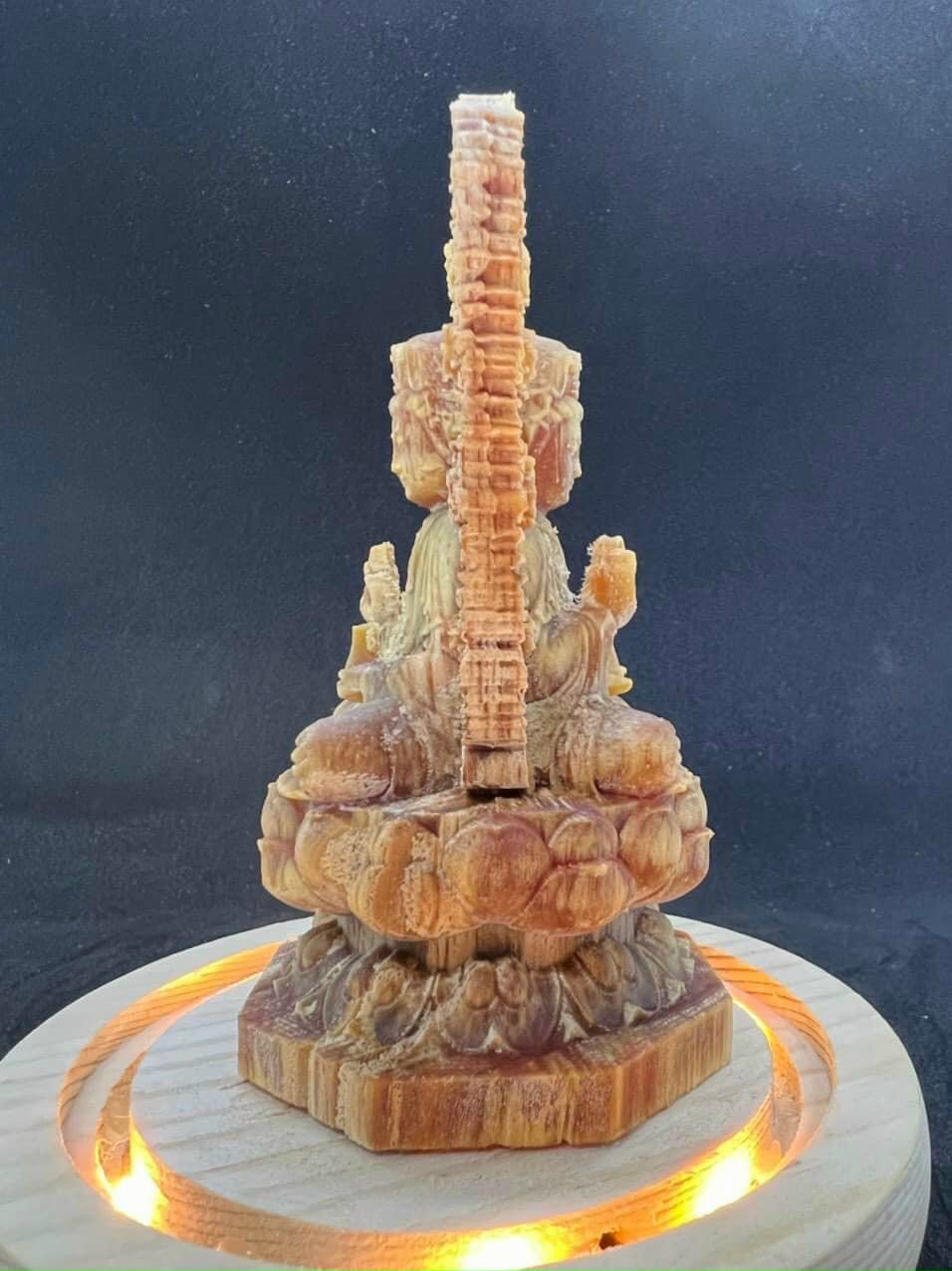 Combo tượng phật bà quan âm bồ tát khắc hai mặt bằng gỗ huyết long kt 13×7×7cm+chân đế và lồng kính