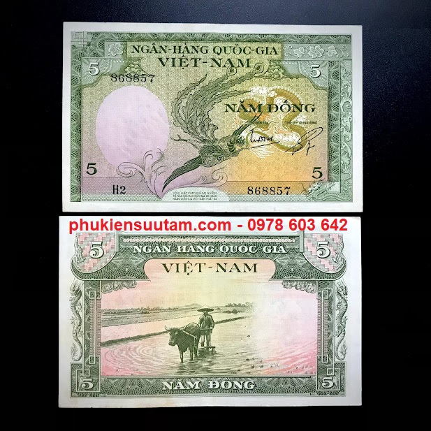 Tờ Việt Nam - 5 đồng 1955 lần 2 XF Long Phụng - Sưu tầm Việt Nam quà tặng phong thuỷ - SP000550