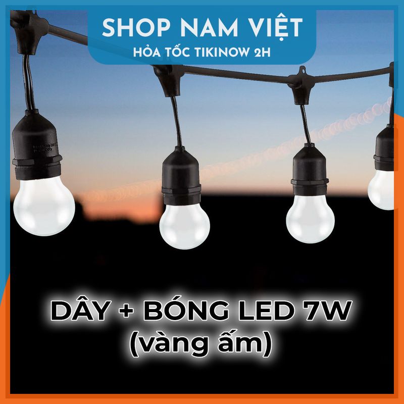 Dây Đèn Led Chuôi E27 Kèm Bóng Đèn Chống Nước Trang Trí Ngoài Trời - Loại Cao Cấp, Chính Hãng Navivu - Dây Bóng 7W Vàng - 4M 10 Led