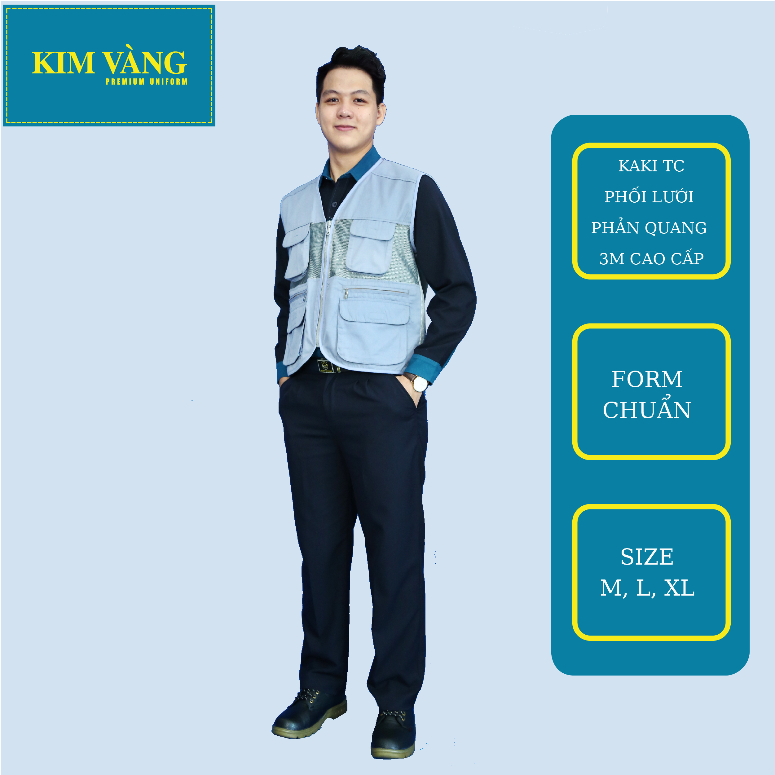 Áo ghile kĩ sư, đồng phục bảo hộ lao động chất liệu kaki TC phối lưới phản quang 3M cao cấp có 4 túi - Màu xám