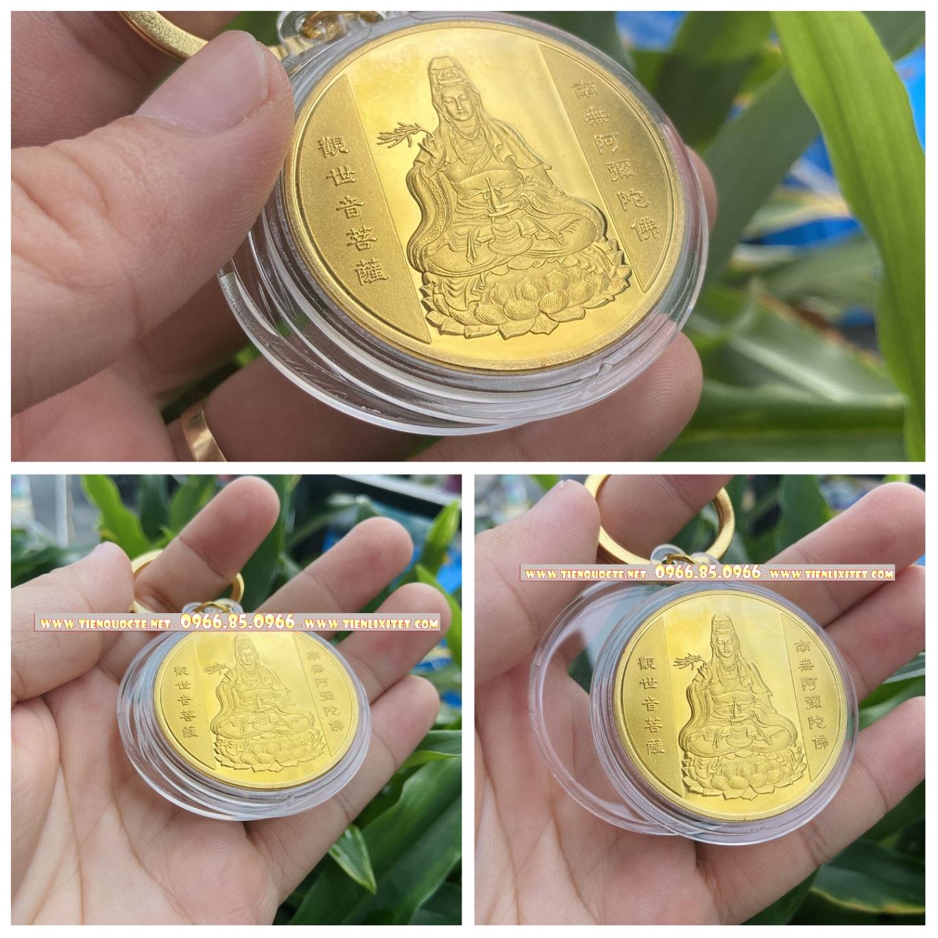 Lì xì tết con mèo 2023 Móc khóa Đồng xu quan thế âm bồ tát xin bình an may mắn QTLNC000083