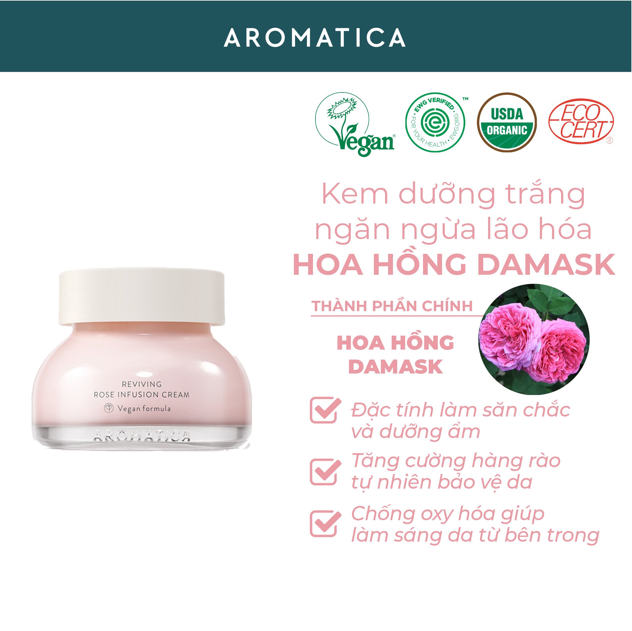 Kem Dưỡng Trắng Da Và Ngăn Ngừa Lão Hóa Aromatica Reviving Rose Infusion Cream 50ml