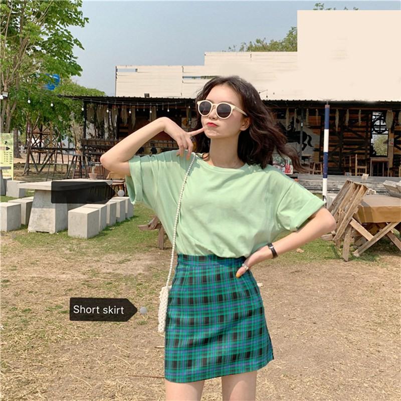 Women Fashion Stitching Color Lattice High Waist Skirt Slim A Line Skirt