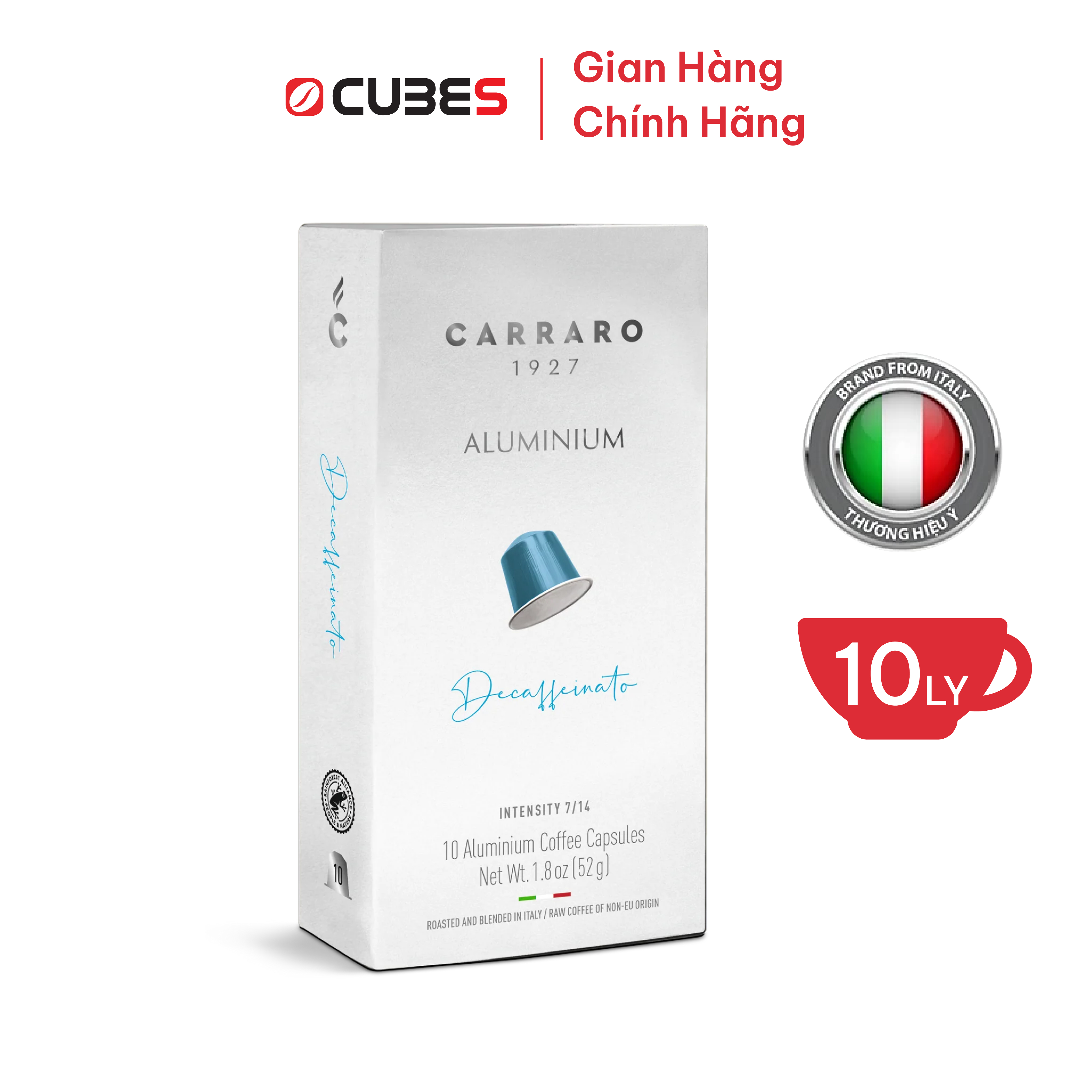 Cà Phê Viên Nén Carraro DECAFFEINATO Aluminum Mới - 10 viên - Tương thích với máy capsule Nespresso 