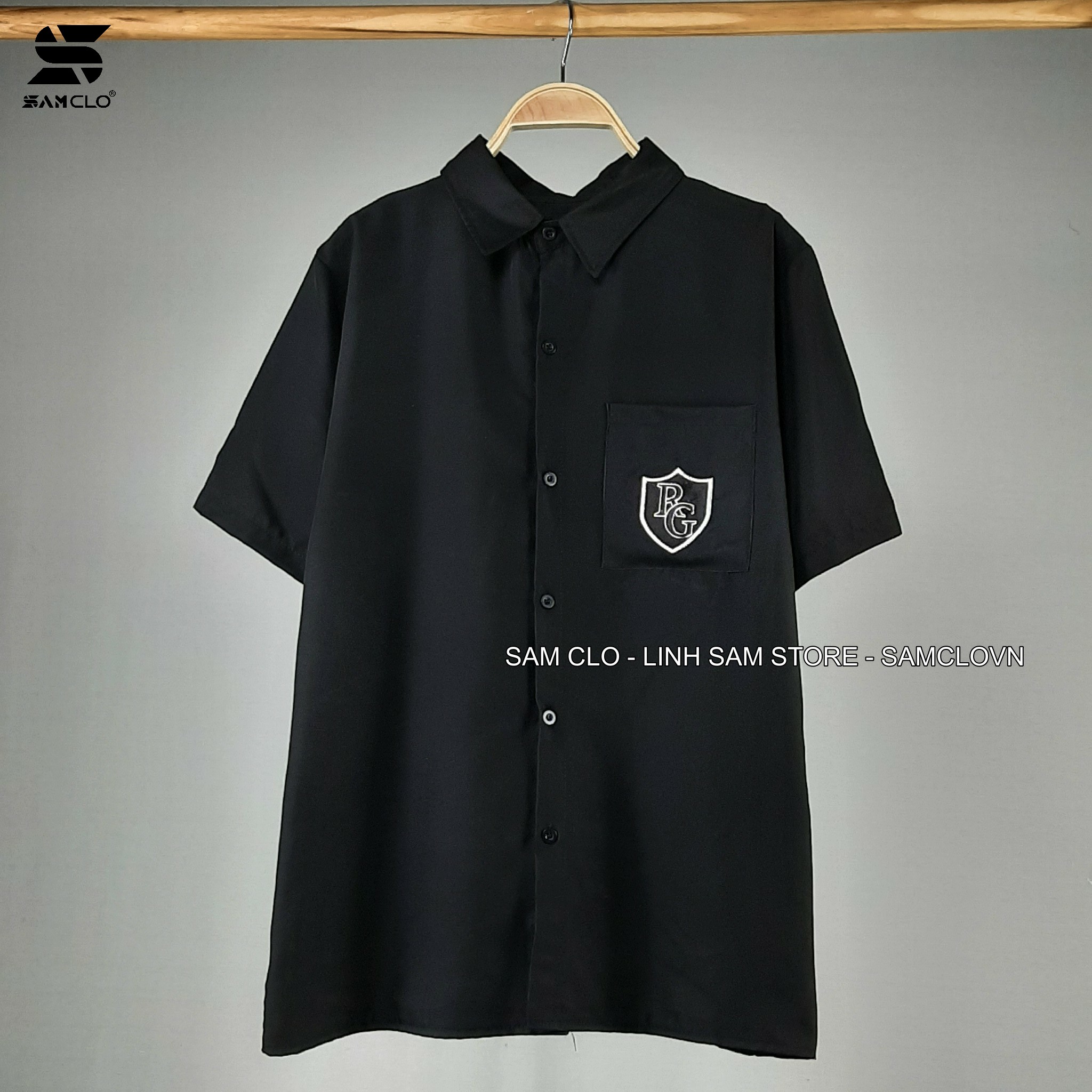 Áo sơ mi học sinh nữ tay ngắn - lỡ, form ulzzang freesize unisex, dáng rộng, mặc đi học, thêu LOGO RG