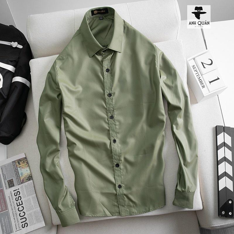 Sơ mi Nam Màu Rêu vải Cotton Lụa Mềm Mịn