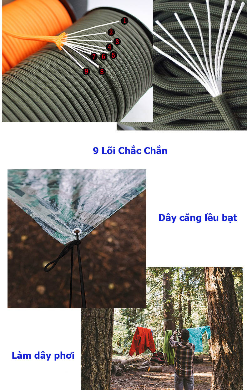 Dây dù paracord 9 lõi 4mm tròn - Dây phơi quần áo - Dây căng lều bạt dã ngoại - Giao mẫu ngẫu nhiên