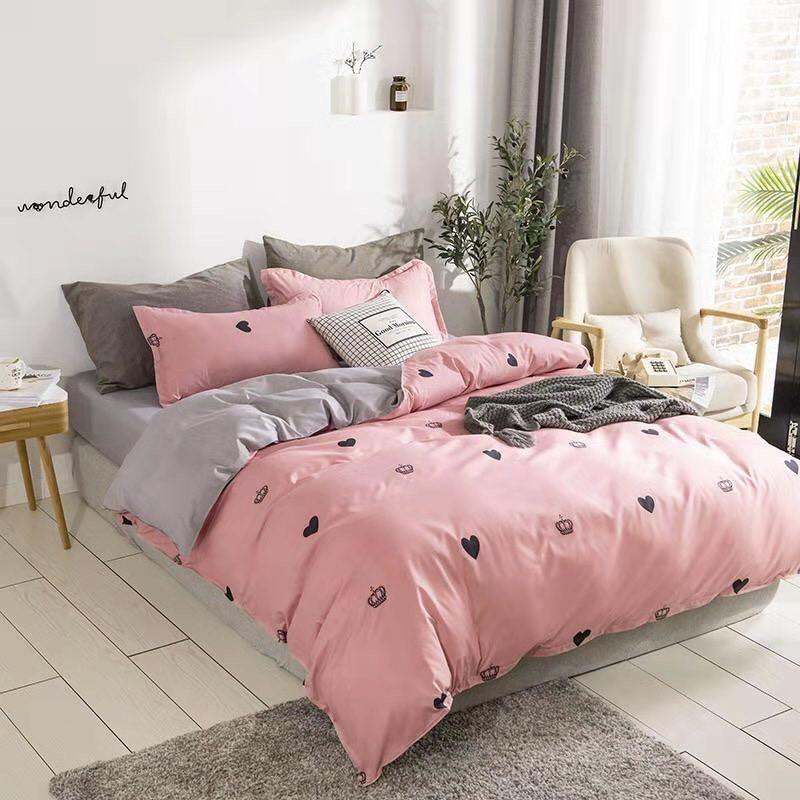 Bộ chăn ga Cotton Poly tim vương miện - mẫu mới phong cách Hàn Quốc