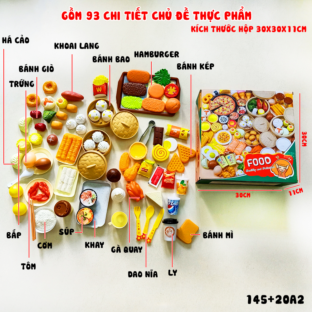 Bộ đồ chơi nấu ăn cho bé, mô hình đồ ăn, thức ăn, đồ chơi đồ hàng, set 93 chi tiết bằng nhựa