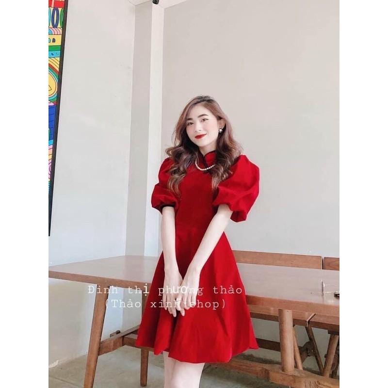 Đầm xoè tay phồng cổ tàu dịu dàng thướt tha kèm hình thật