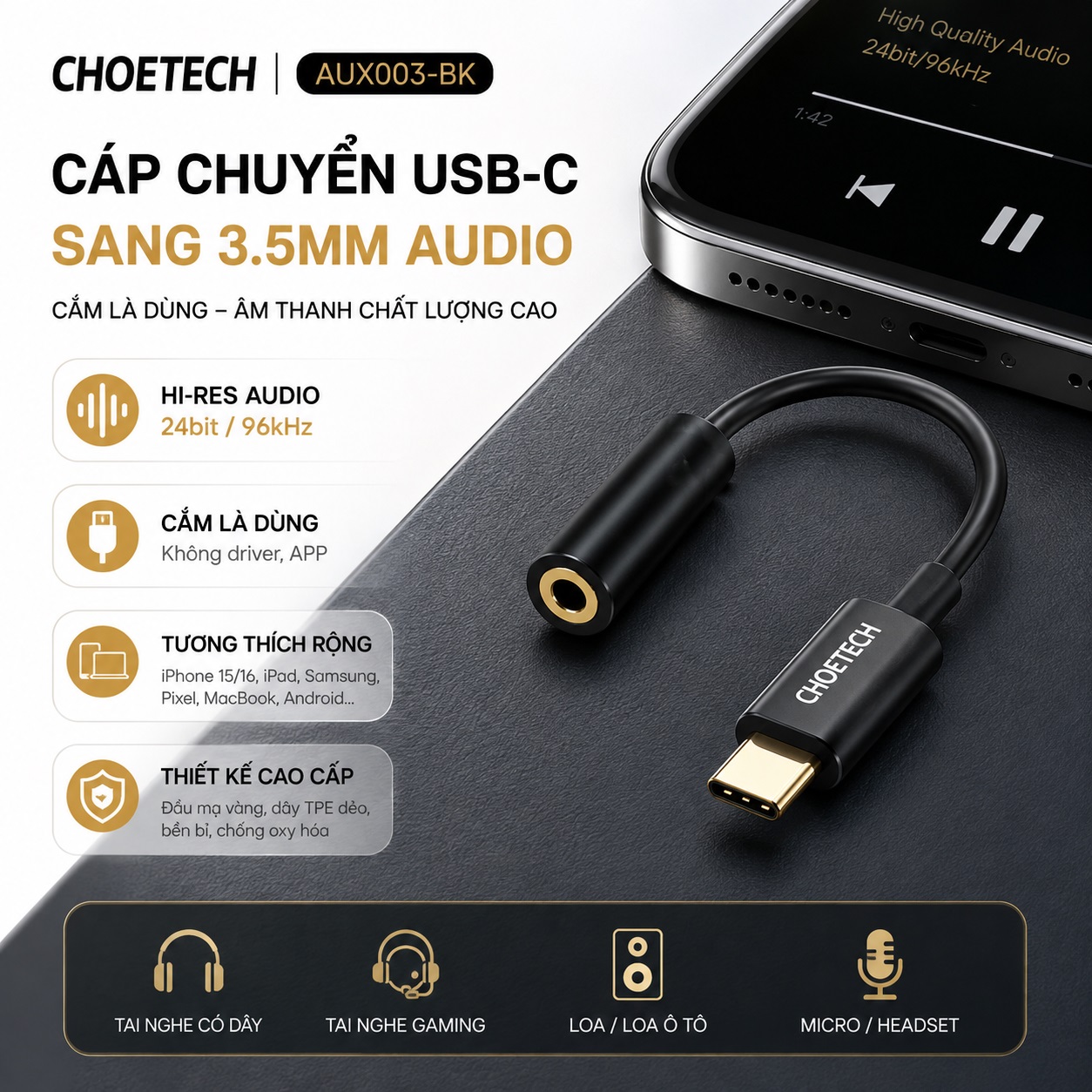 Jack chuyển đổi âm thanh USB Type-C ra Audio 3.5mm Choetech AUX-003 DAC Hi-Res 24bit/96kHz cho iPhone, iPad, Samsung, Macbook, huawei, Z Fold , Z Flip - Hàng nhập khẩu