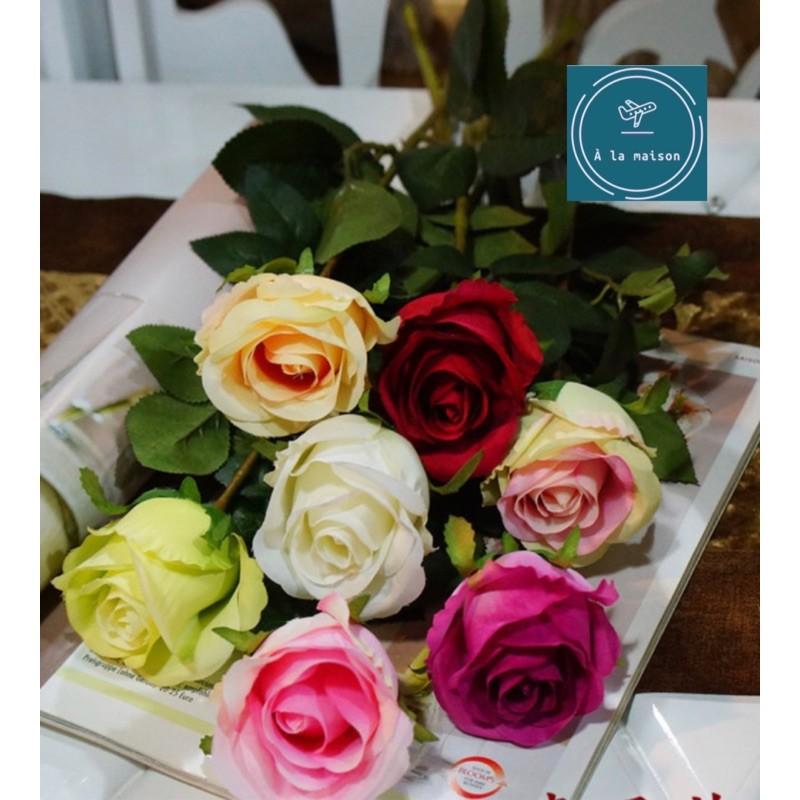 Cành hoa hồng một đầu bông bằng lụa đẹp sinh động, hoa cô dâu, hoa lụa cao cấp