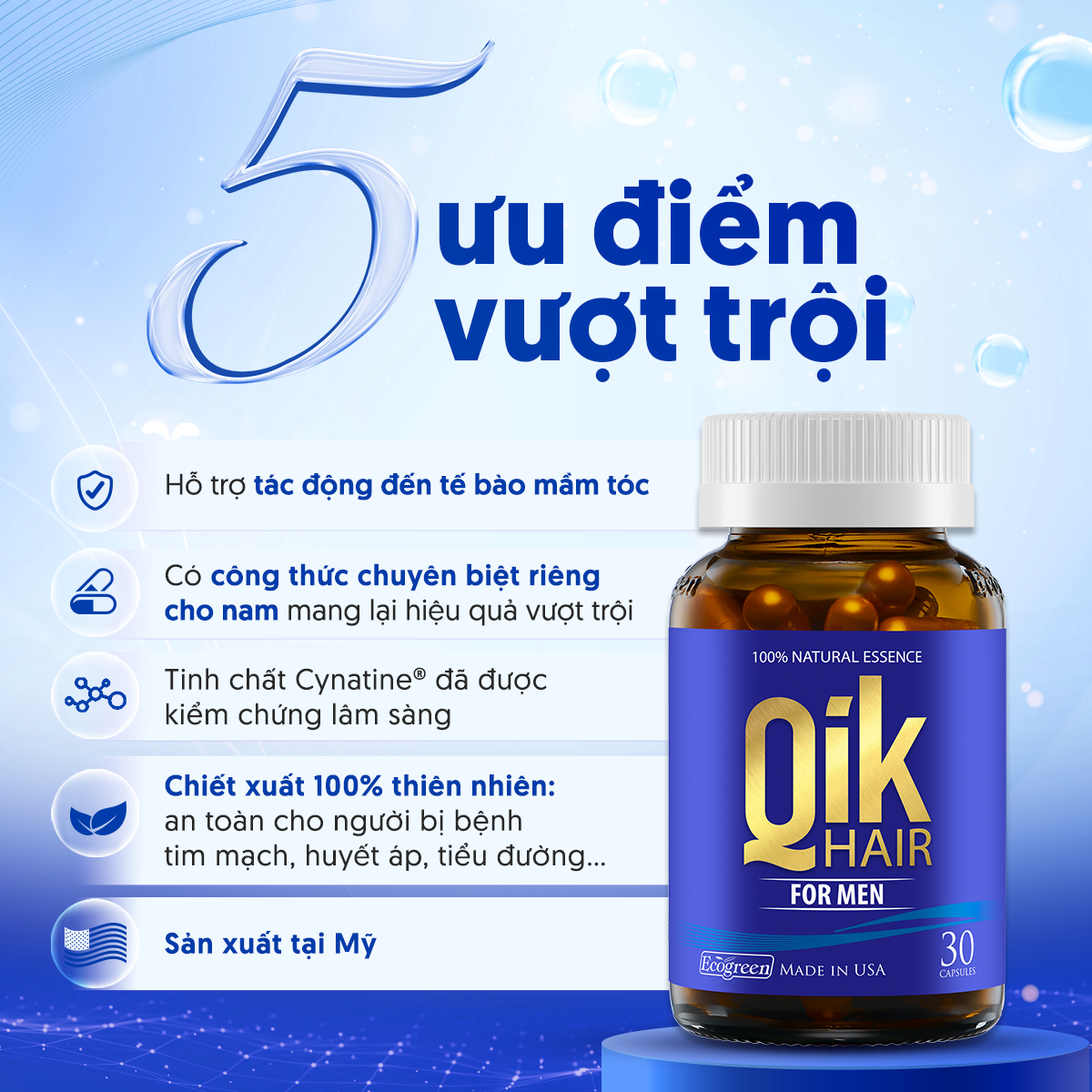 Combo 4 hộp viên uống QIK HAIR (for Men) giảm rụng, mọc tóc chắc khỏe 30 viên tặng 1 hộp 15 viên