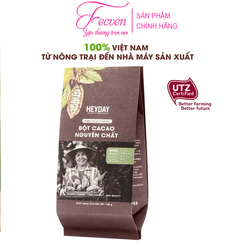 Bột Cacao Nguyên Chất Heyday Origin - Nguyên Chất 100%, Không Đường - Vị Cân Bằng, Đắng Đậm, Béo Dịu, Thơm Nồng - Dòng Thượng Hạng Dùng Để Uống, Pha Chế, Làm Bánh - FECVEN