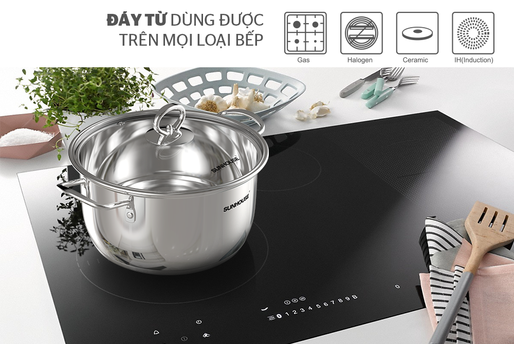 Nồi Inox 5 Đáy Sunhouse SHG788 - Sử dụng được mọi loại bếp - Kích thước đa dạng 16cm, 20cm, 24cm