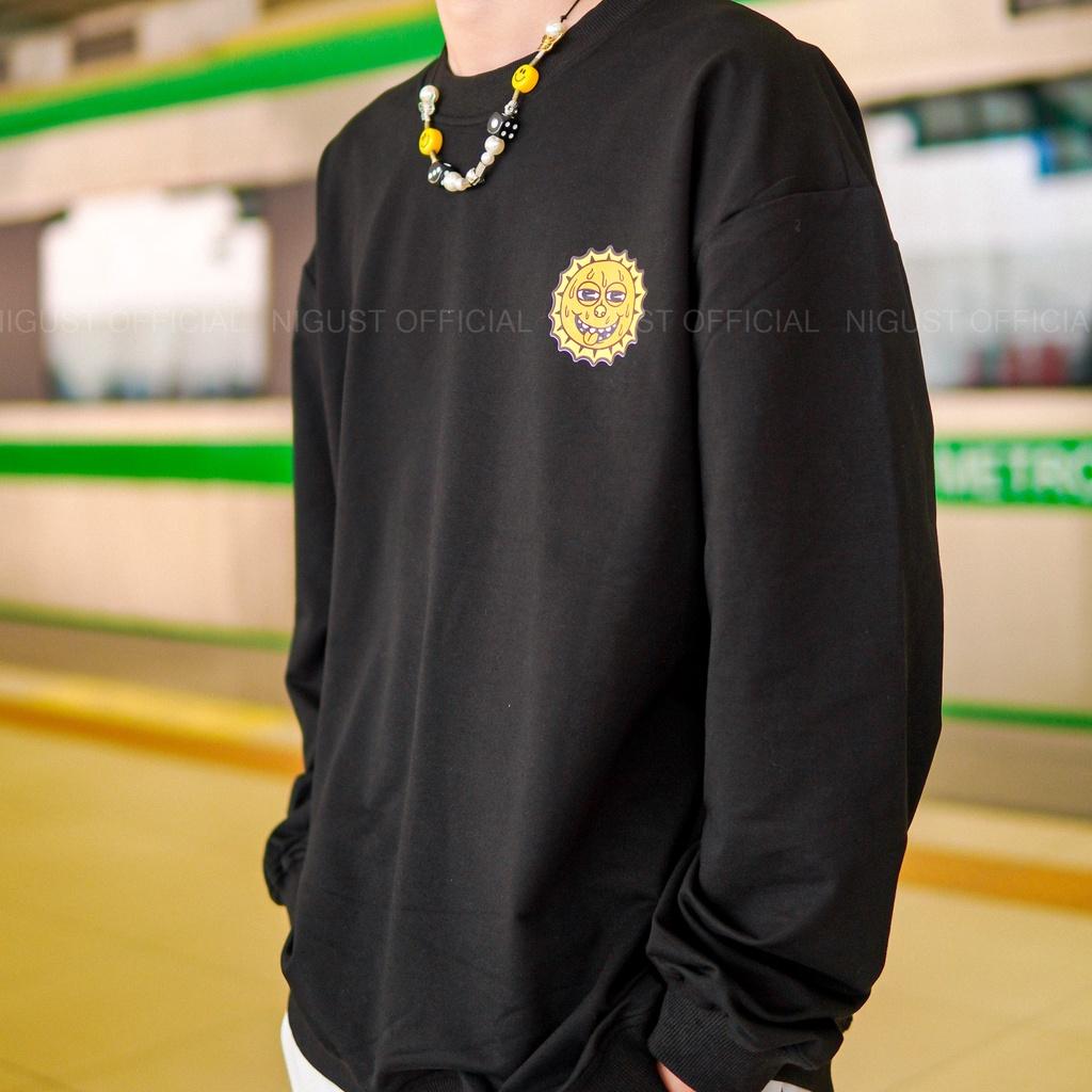 Áo sweater nam nữ local brand NIGUST Rise and Shine N201 chất liệu nỉ da cá form rộng màu đen trắng Fullbox