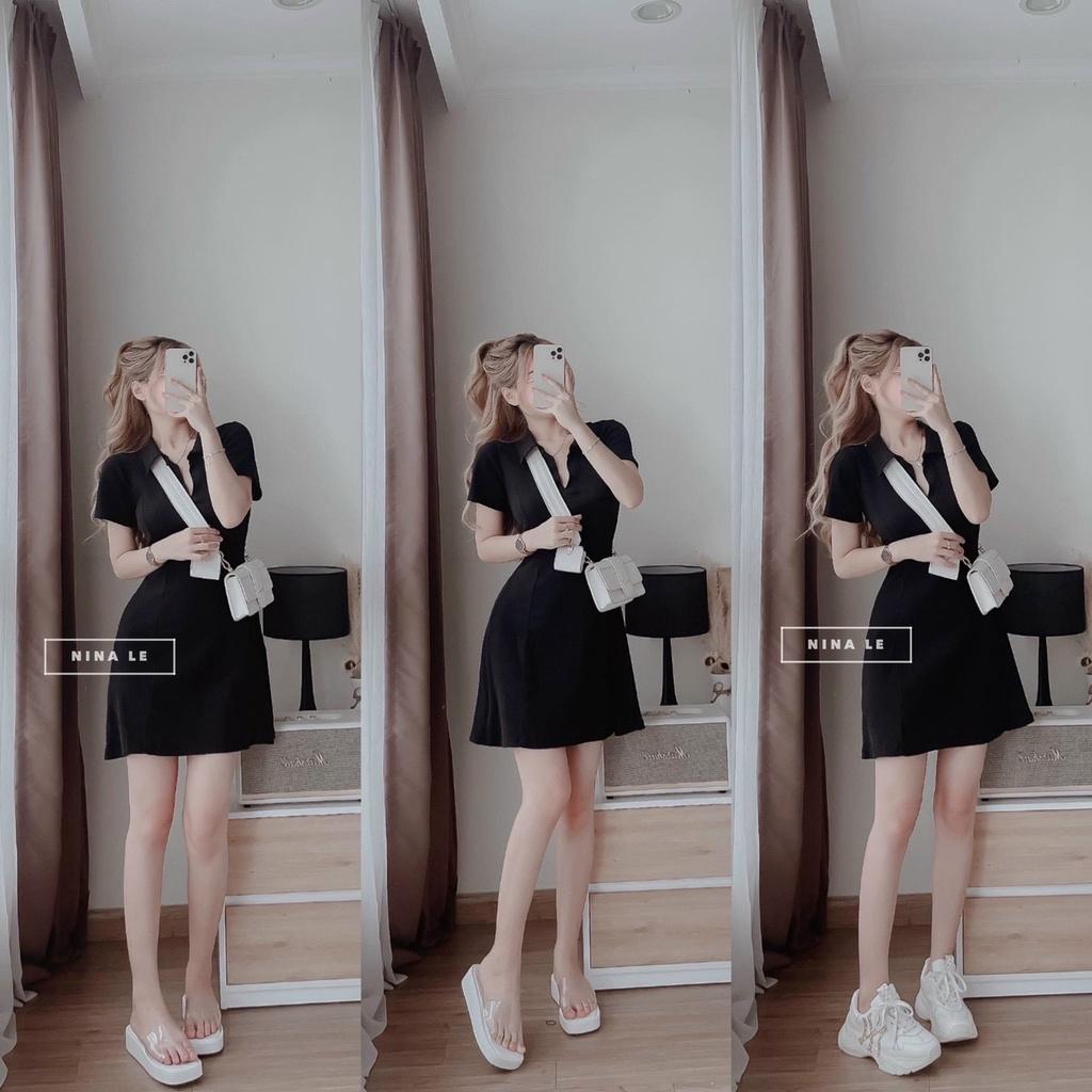 Váy đầm polo nữ chất liệu thun gân màu đen sang chảnh phong cách basic đơn giản thời trang nữ XM Minh Phúc