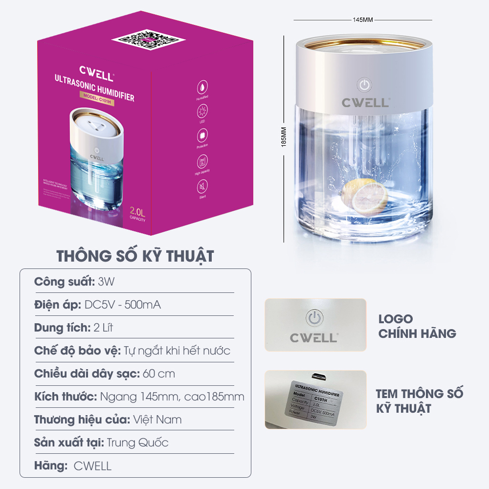 Máy phun sương mini CWELL tích hợp đèn Led nhiều màu, phun sương tạo ẩm không khí dung tích lớn 2L