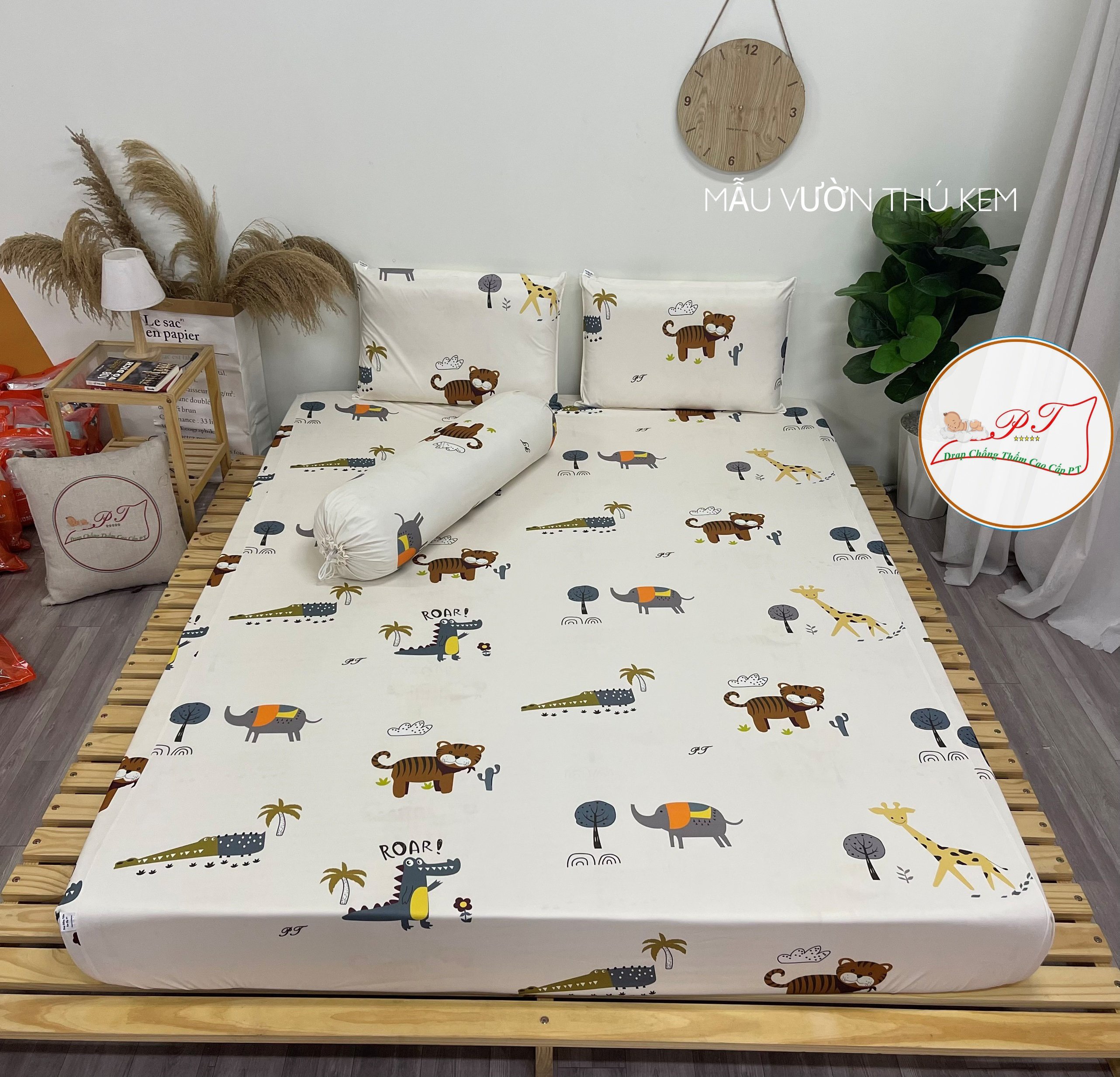 Drap Chống Thấm PT Họa Tiết Vườn Thú Kem