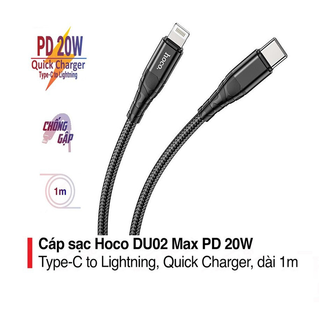 Cáp sạc nhanh PD20W Hoco DU02 Max Type-C sang iPhone truyền dữ liệu dây dù siêu bền dài 1M dành cho iOS - Hàng chính hãng