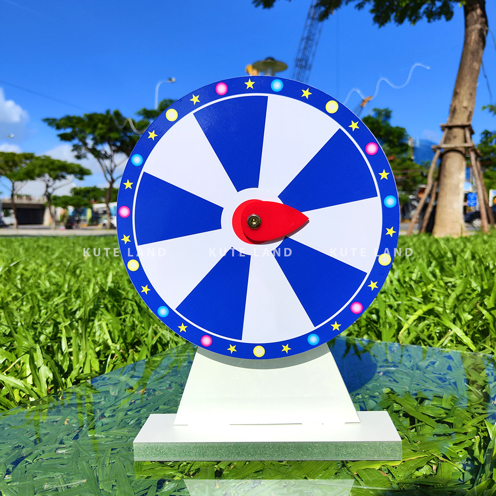 Vòng quay diệu kì 25 cm trúng thưởng may mắn 10 ô màu trắng xanh gỗ MDF đẹp chống nước làm sự kiện trò chơi