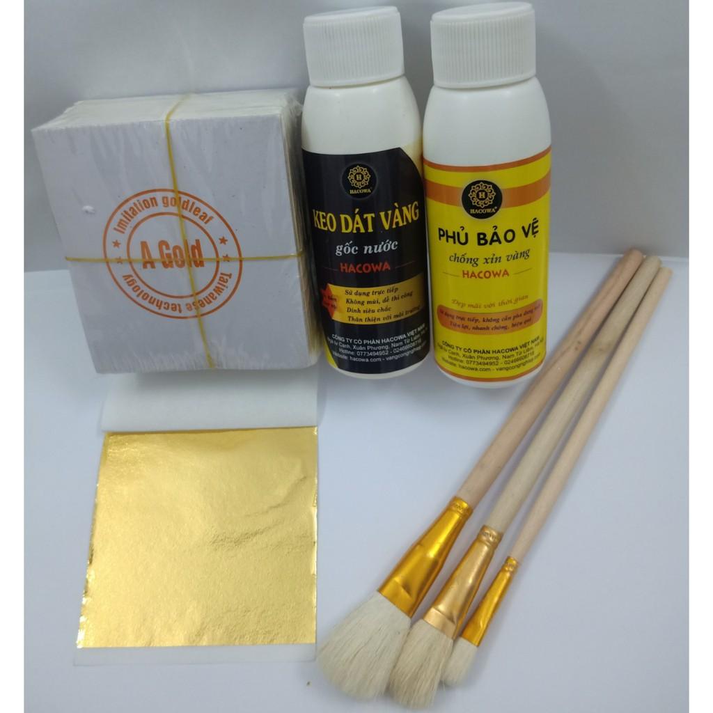Combo 500 lá vàng kèm đủ keo và phụ kiện dùng cho dát vàng hoa quả, thạch cao, giấy, đồ da