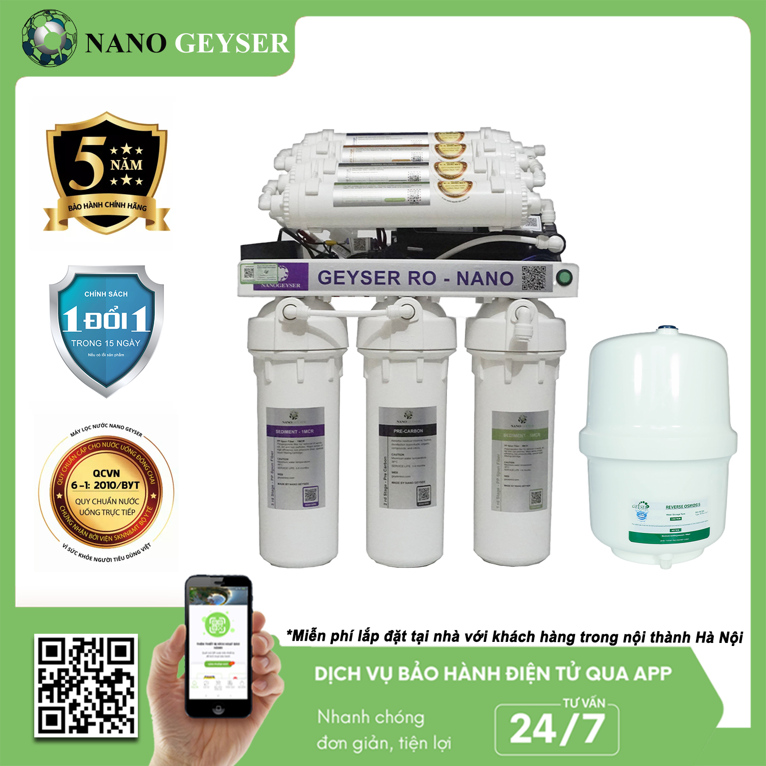 Máy lọc nước Nano Geyser RO Hydrogen công nghệ lọc RO - Hàng Chính Hãng