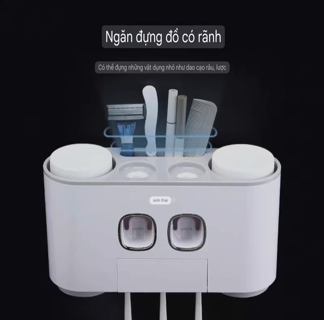 Hộp kệ đựng bàn chải kem đánh răng kèm 4 cốc 2 cửa nhả kem đánh răng thông minh dán tường vô cùng chắc chắn không cần khoan tường hay dùng ốc vít E-1802