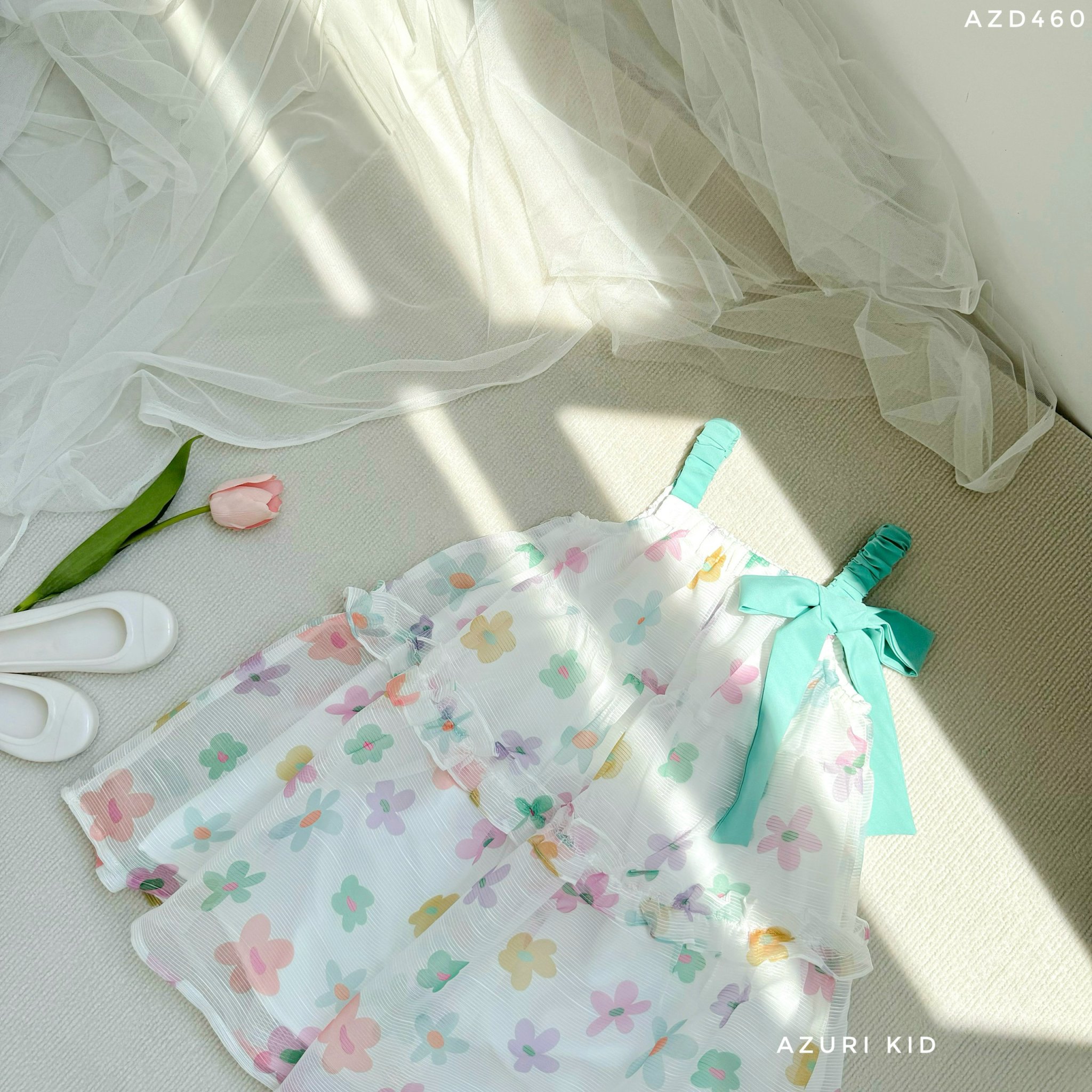 Đầm babydoll cho bé gái đính nơ cánh tiên phong cách Hàn Quốc từ 12-35kg chất vải tơ mềm mát