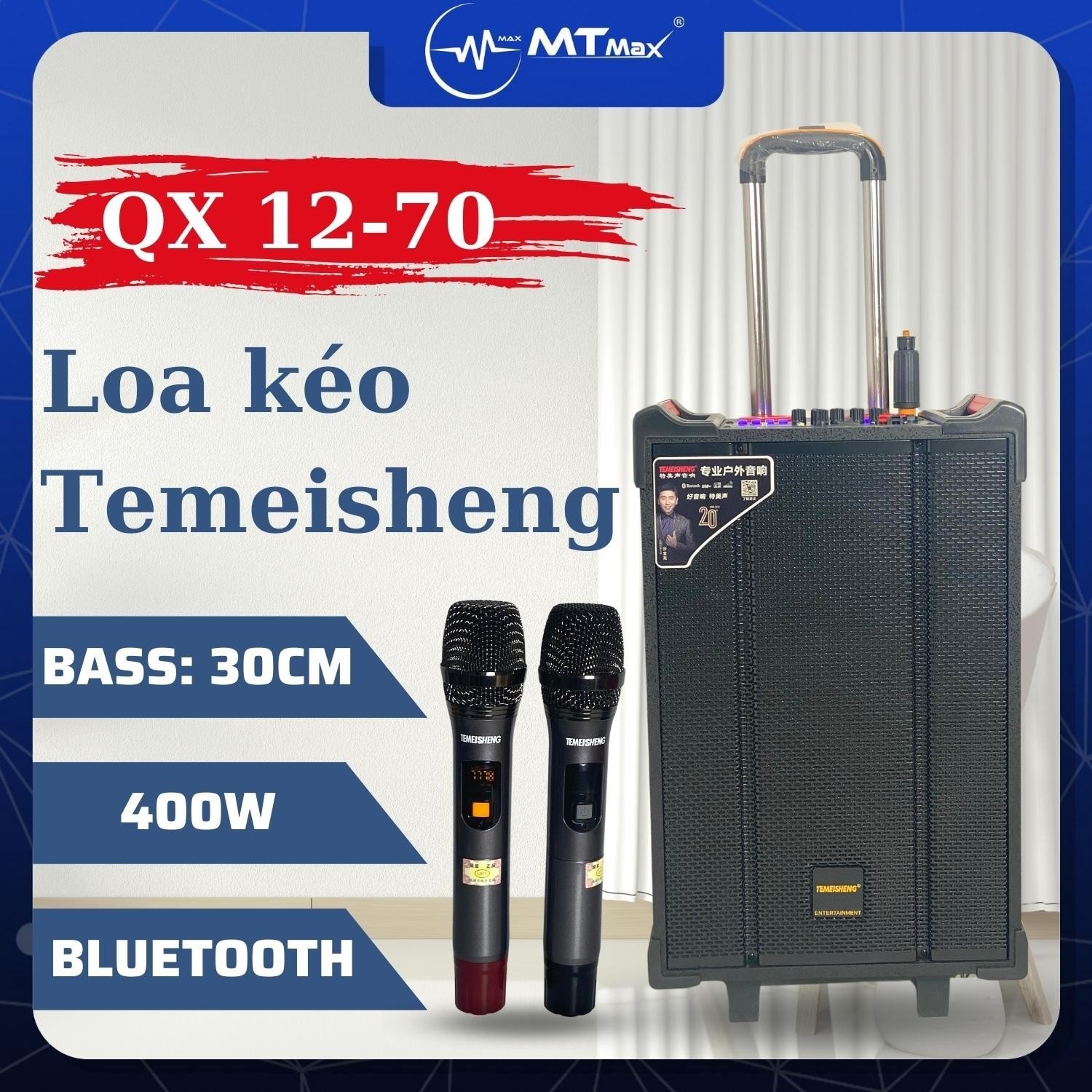 Loa karaoke Temeisheng QX1270 - Bass 30 kèm 2 Micro Không Dây công suất 400w hát karaoke cực đã có tay kéo cực tiện dụng tặng kèm 2 mic uhf cáo cấp khả năng phát âm thanh trầm ấm thích hợp gia đình tiệc tùng