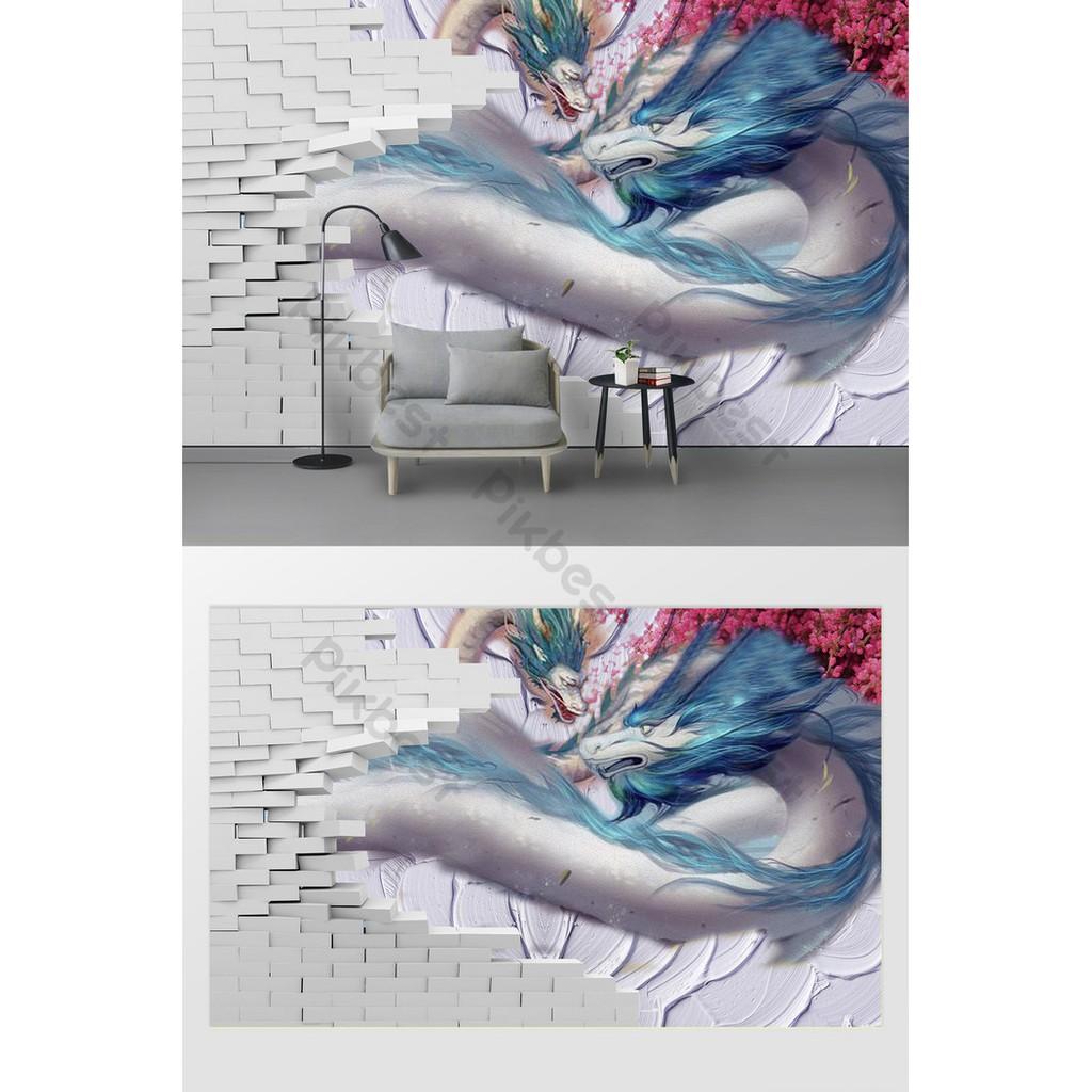 Tranh dán tường Tranh 3d dán tường Rồng Xuyên Tường