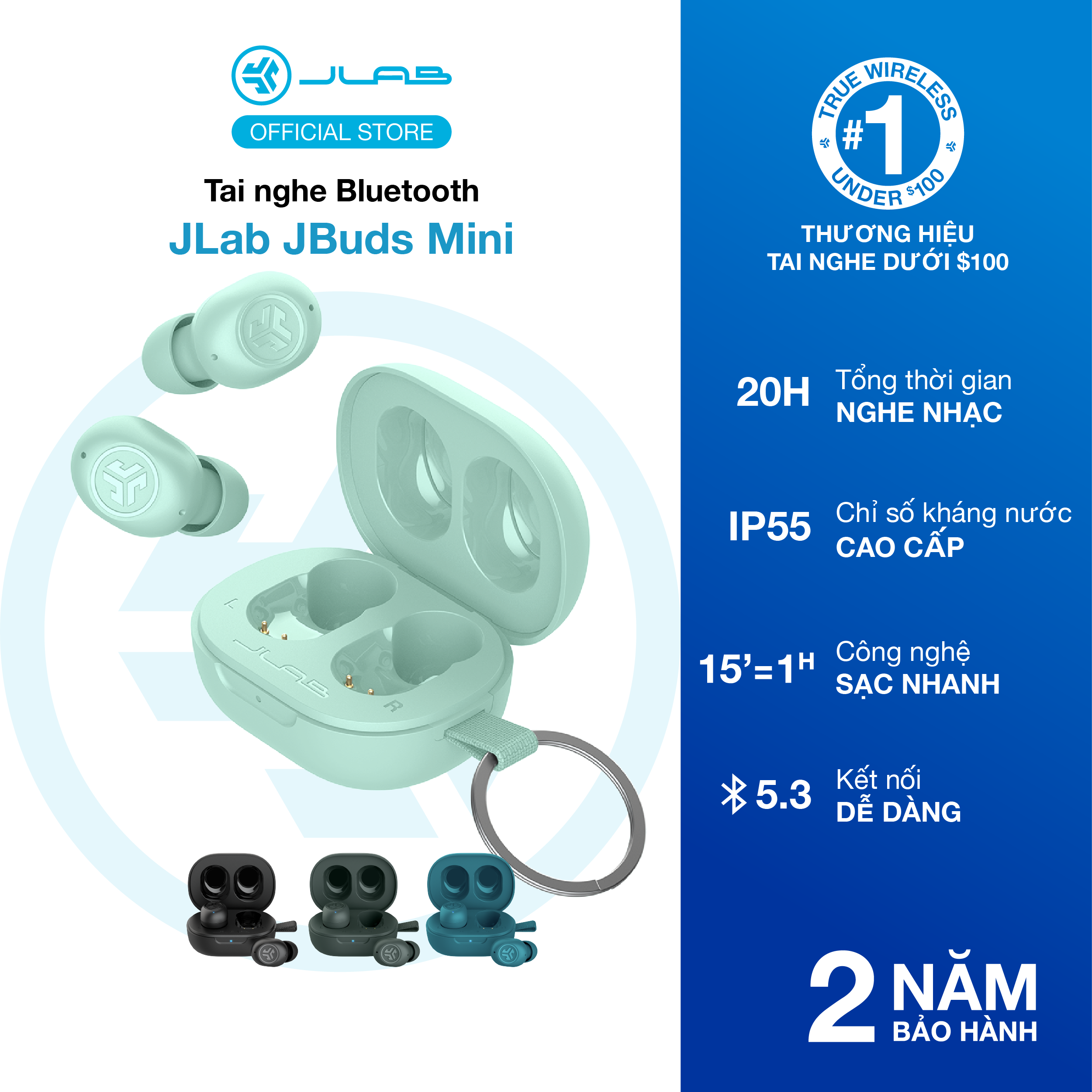 [MỚI RA MẮT] Tai nghe Bluetooth TWS Jlab Jbuds Mini nhỏ gọn thời gian nghe 20H kết nối Bluetooth 5.3 chống nước IP55 công nghệ EQ3 - Hàng chính hãng BH đổi mới 2 năm