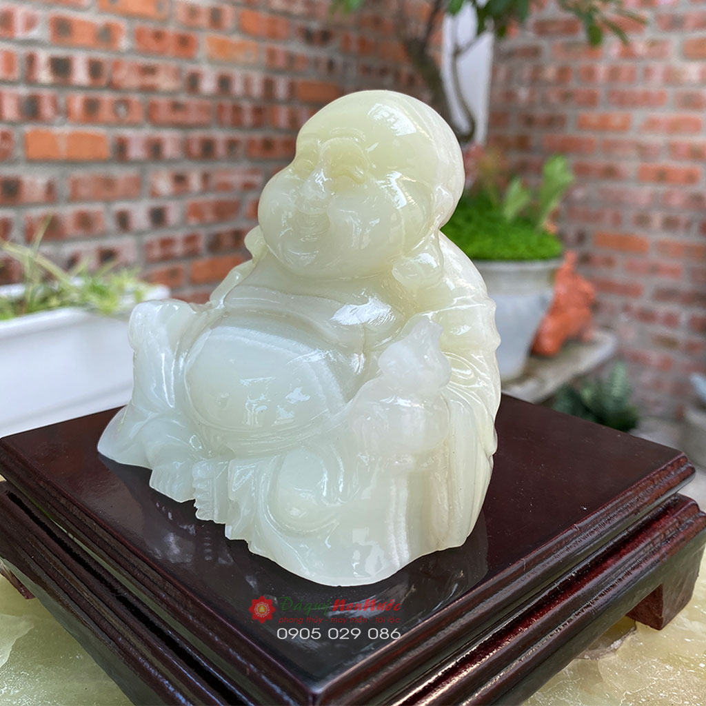 Tượng Phật Di lặc cầm hồ lô đá ngọc Pakistan 10cm - đá Non Nước