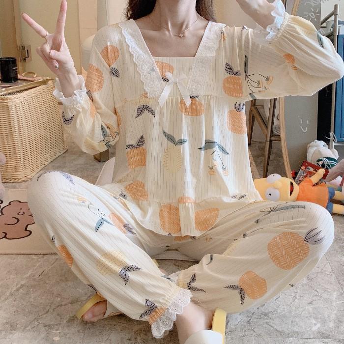 Pijama- Bộ Ngủ Nữ Dài Tay Phối Ren Nơ Cách Điệu DDTT01