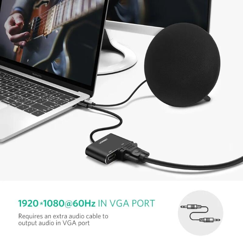 Ugreen UG50318CM162TK 15CM màu Đen Bộ chuyển đổi TYPE C sang HDMI + VGA vỏ bọc nhôm - HÀNG CHÍNH HÃNG