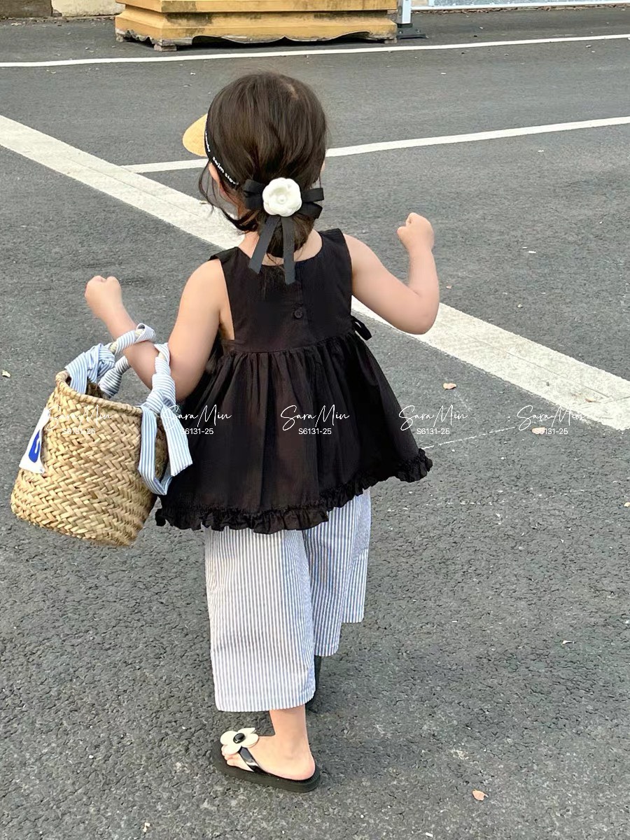 [Từ 1 đến 12 tuổi] Sét tiểu thư đen xoè bèo đẹp sang kiểu Vintage chất thô cotton dáng siêu yêu bé gái đến 45kg