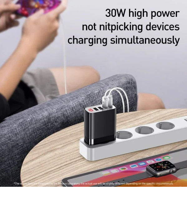 Cóc củ sạc nhanh 30W 4 cổng USB hiệu Baseus Mirror Lake cho điện thoại / máy tính bảng iPhone iPad Samsung Huawei Oppo Xiaomi Vivo (sạc nhanh QC 3.0 &amp; 2.4A / Port USB, Max 6A, LED display) - Hàng nhập khẩu