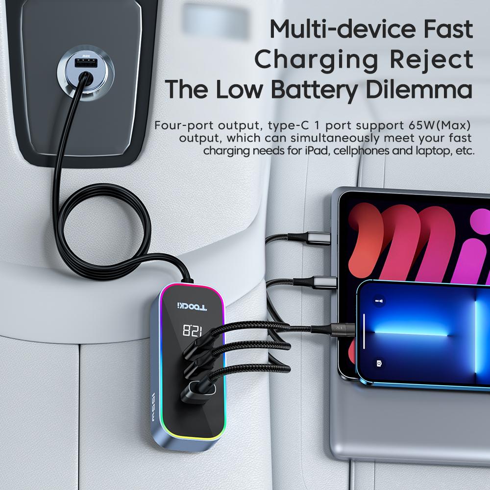 Bộ sạc xe hơi mở rộng phía sau USB của Toocki 155W với bộ sạc điện thoại moble Multi Digital Multi Digital Digital Digital C trong xe PD QC3.0